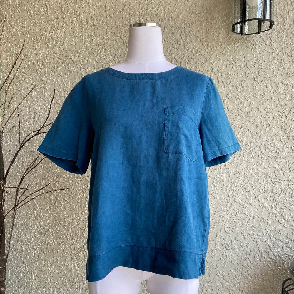 Lou & Grey Linen Pocket Shirt Blue Medium Zipper Short Sleeve Summer Casual